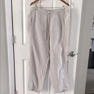 J. Jill 100% linen Cream & Blue Striped Straight draw string size 14 Pants